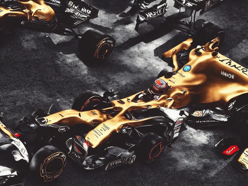 Image similar to A hyper realistic photo of Lewis Hamilton standing on his F1 car after winning a race, golden glow, cyberpunk, detailed, octane render, 8k,