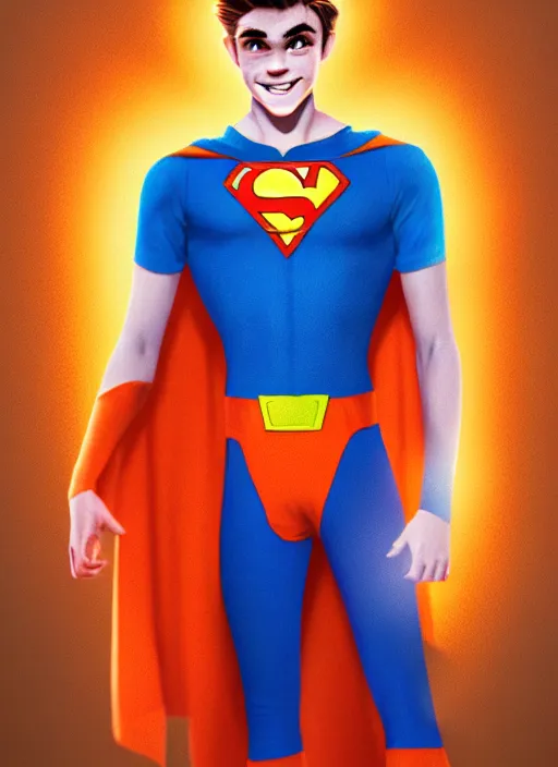 Image similar to friendly teenage archie andrews wearing an orange superhero costume with heart logo, heart, freckles, blue cape, heart emblem on chest, blue cape, intricate, elegant, glowing lights, highly detailed, digital painting, artstation, sharp focus, illustration, art by wlop, mars ravelo and greg rutkowski