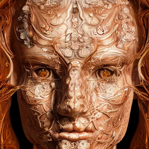 Image similar to beatifull face portrait of a woman, 150 mm, anatomical, flesh, flowers, mandelbrot fractal, facial muscles, veins, arteries, intricate, golden ratio, full frame, microscopic, elegant, highly detailed, ornate, ornament, sculpture, elegant , luxury, beautifully lit, ray trace, unreal, 3d, PBR, in the style of peter Gric , alex grey and Romero Ressendi