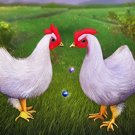 Image similar to magical sparkling chickens frolicking in a field, photorealistic, hyperrealistic, 8 k