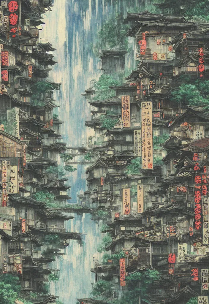 Image similar to a beautiful japanese city in the mountain, amazing ryokans and edo era houses, waterfall, yokai characters. epic cyberpunk. visible pipes, lanterns, lofi vibe, vivide colors, amazing light, light beams with dust, mesmerizing nature, by jeremy lipkin, by claude monet, by makoto shinkai, futuristic city, inspired by ghibli, masterpiece