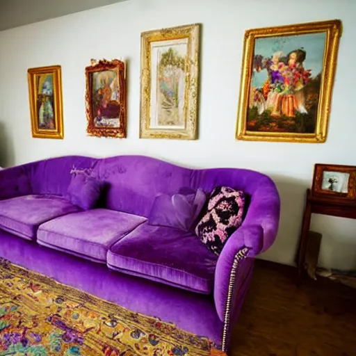 Prompt: a white Siberian kitten is sitting on a purple couch with antique vintage paintings on the walls