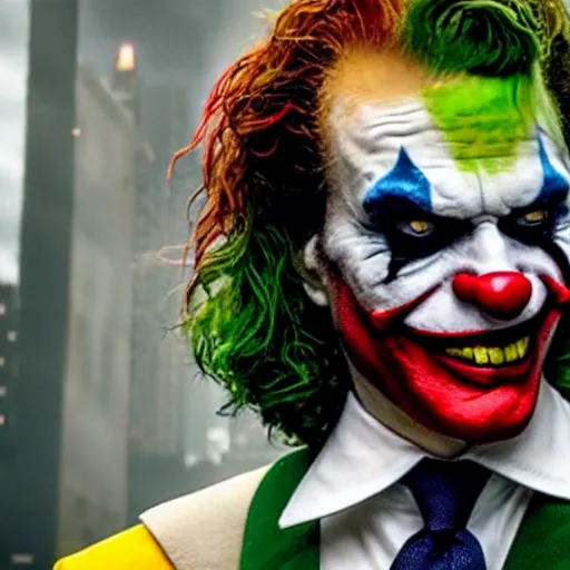 Prompt: film still of Ronald McDonald as joker in the new Joker movie