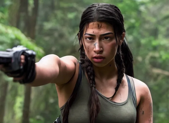 Image similar to film still of!!!! amber midthunder!!! as lara croft in new tomb raider movie, 8 k