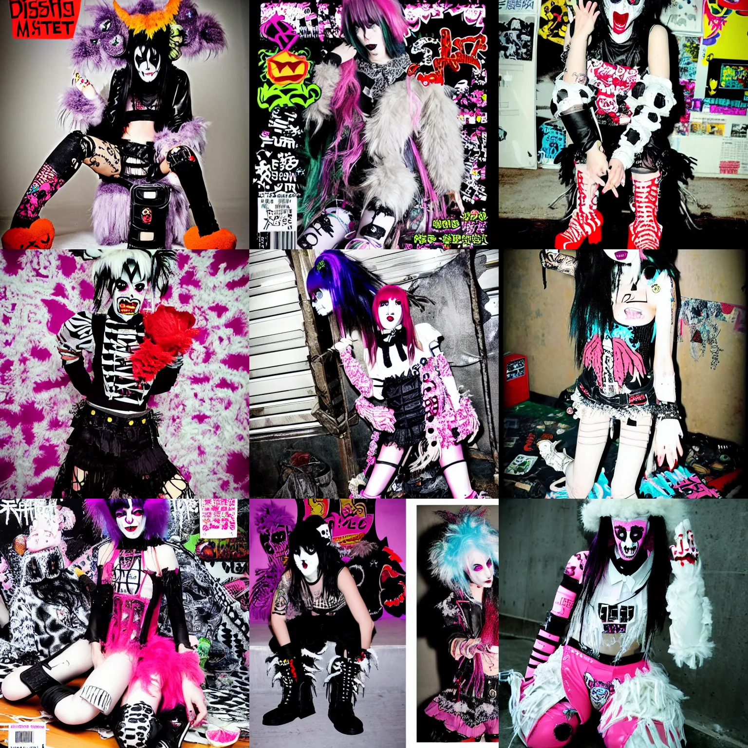 Prompt: photo of lace monster wearing ripped up dirty Swear kiss monster teeth yeti platform boots in the style of 1990's FRUiTS magazine 20471120 in japan and in the style of Ai Yazawa's Nana fashion by Rammellzee by Gothic & Lolita Bible magazine and the style of Insane Clown Posse JNCOs CyberDog and emo scene style and by Ryan Trecartin in the style of Dorian Electra by Rick Owens Chrome Hearts by Jun Takahashi in a dirty dark dark dark poorly lit arcade full of trash and garbage server racks and cables everywhere in the style of Juergen Teller in the style of Shoichi Aoki, japanese street fashion, KEROUAC magazine, Walter Van Beirendonck W&LT 1990's, Milk Bar Magazine, Vivienne Westwood, y2K aesthetic