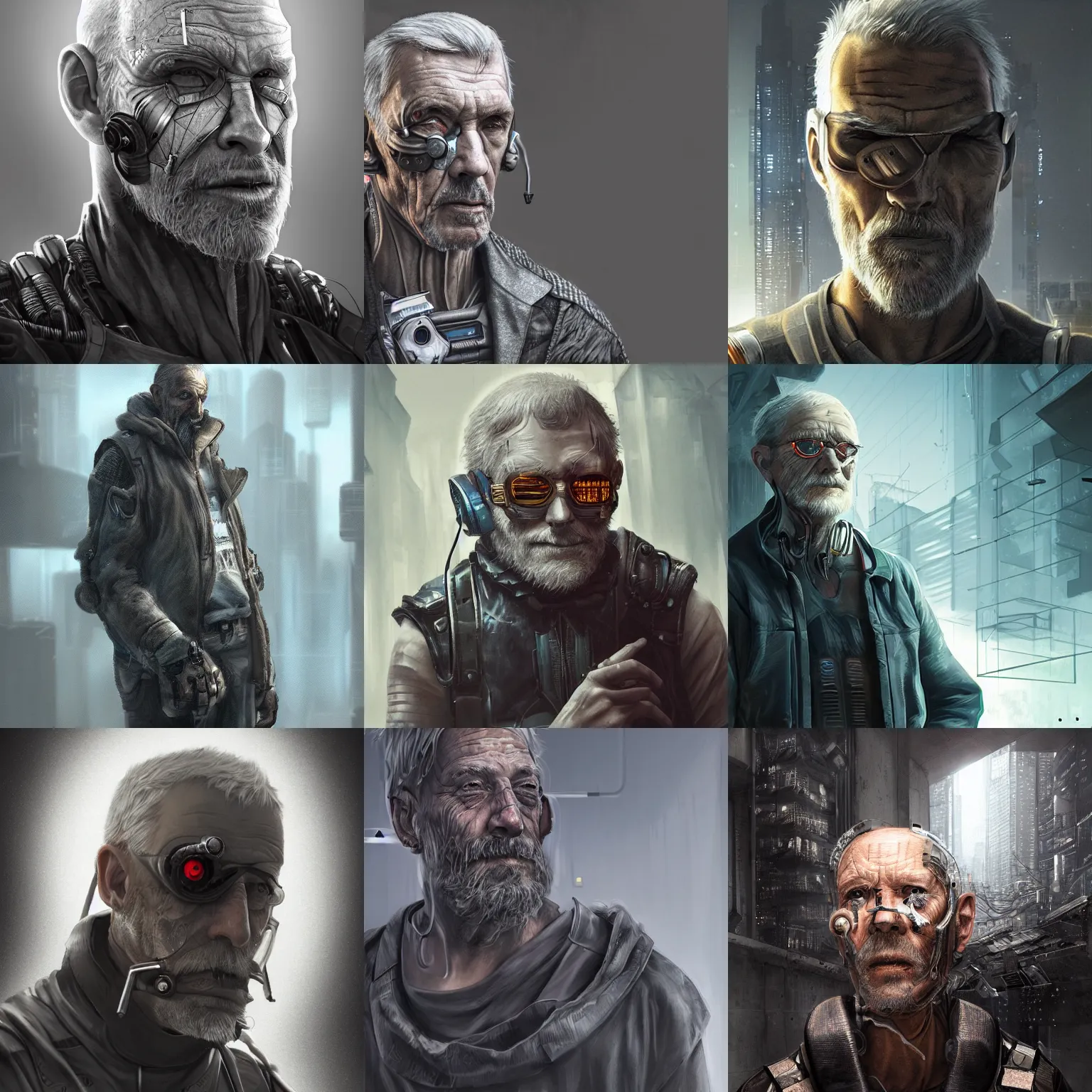 Prompt: Ultra realistic illustration of an old man cyborg, cyberpunk, sci-fi fantasy, dystopian, style of Reece Swanepoel