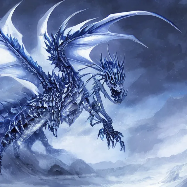 Image similar to a skeletal ice dragon, winter hell blue flames, artwork by Jaemin Kim