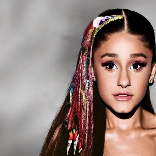 Image similar to ariana grande as a native american with The Predator behind her, colour, photography, realistic,