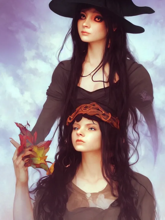 Image similar to Full shot of a mischievous young witch about to get up to some trouble. Latin American fashion. Black and Orange palette. Latina girl. brown skin. Symmetrical facial features. By Ruan Jia and Artgerm and Range Murata and WLOP and Ross Tran and William-Adolphe Bouguereau. Key Art. Fantasy Illustration. award winning, Artstation, intricate details, realistic, Hyperdetailed, 8k resolution.