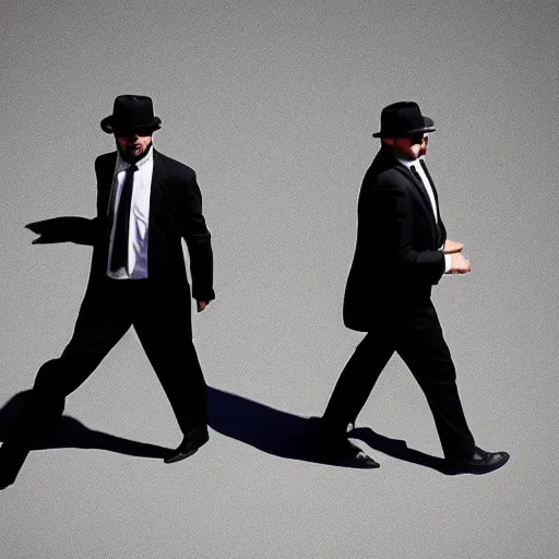 Image similar to blues brothers walking towards camera with white background. wearing suits. strong shadows. high contrast. serious look. carrying a pistol