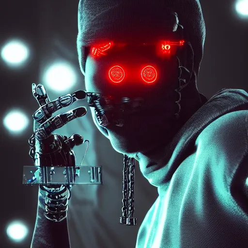 Image similar to hiphop gangsta robot, with grillz, led screens, expressive, photo realistic, dramatic cinematic lighting, octane render, 4 k, ultra detailed