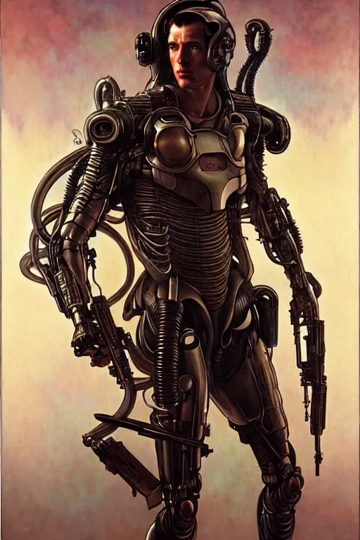 Prompt: realistic detailed american portrait with a pose of a handsome futuristic samourai in alien cyberpunk armor by alphonse mucha, ayami kojima, amano, greg hildebrandt, and mark brooks, male, masculine, art nouveau, cyberpunk, neo - gothic, gothic, character concept design