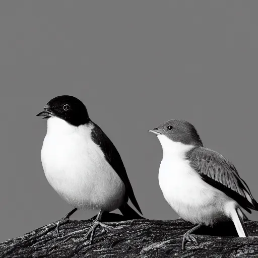 Prompt: two birds with shallow depth of field, hyperrealistic, 35mm black and white photo