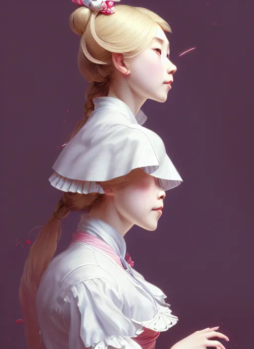 Image similar to symmetry!! portrait of a pretty japanese girl with blonde hair dressed as a french maid, elegant, highly detailed, digital painting, 8 k, concept art, smooth, sharp focus, illustration, ethereal, misty, octane render, by ruan jia and greg rutkowski and alphonse mucha