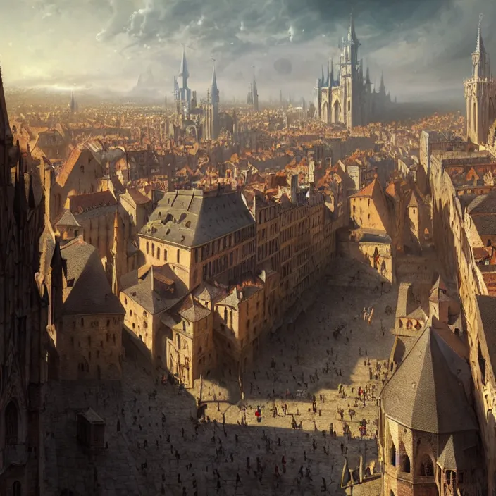 Image similar to matte painting by marc simonetti, jonathan solter, greg rutkowski of a medieval french city square, masterpiece, cinematic, hyperdetailed, photorealistic, hyperrealism, architecture, aerial view,