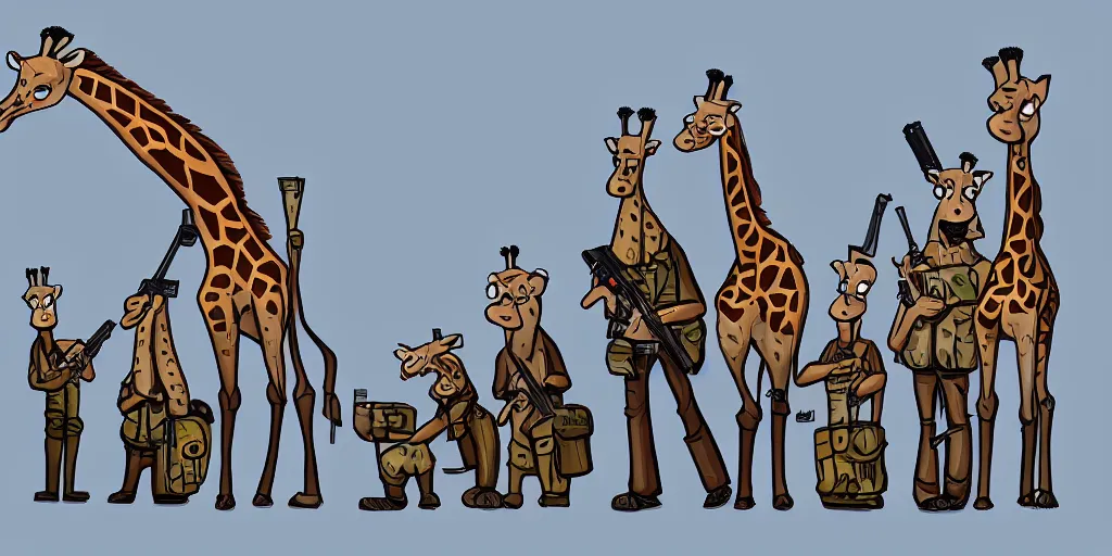 Image similar to giraffe army, holding guns and ammo, illustration, cartoon