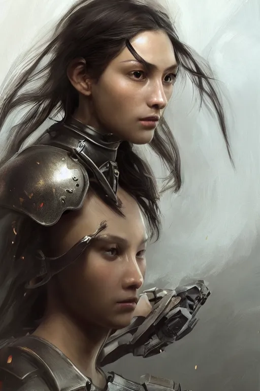 Image similar to a photorealistic painting of an attractive young girl, partially clothed in battle armor, olive skin, long dark hair, beautiful bone structure, perfect eyes, symmetrical facial features, intricate, elegant, digital painting, concept art, illustration, sharp focus, minimal artifacts, 8k, from Metal Gear, in the style of Ruan Jia and Mandy Jurgens, by Greg Rutkowski, trending on Artstation, award winning