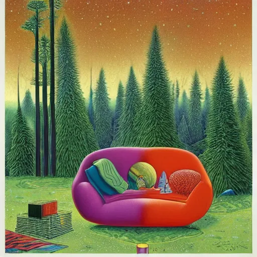 Prompt: psychedelic couch sofa in the pine forest, goose, milky way, designed by moebius, rob gonsalves, gustav dore, giuseppe arcimboldo and carl barks, louis wain, trending on artstation, canada, star, sharp focus, colorful refracted sparkles and lines, soft light, 8 k 4 k