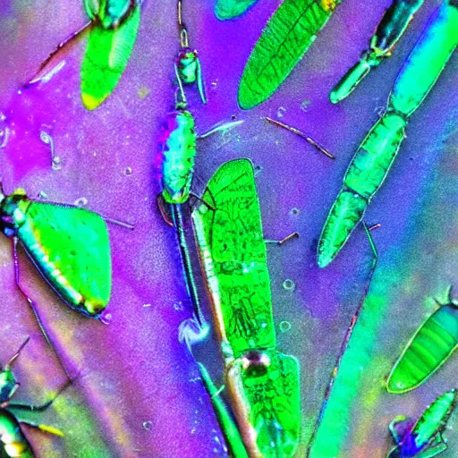 Prompt: insects made of iridescent water, macro, sharp focus
