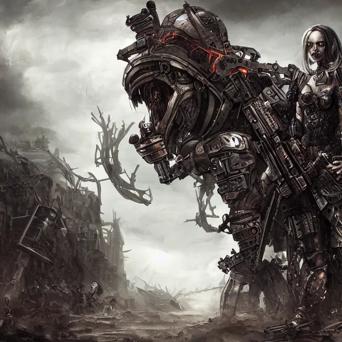 Prompt: apocalyptic woman attached to machine weaponry, hyper - detailed, smooth, sharp focus, 4 k ultra hd, fantasy dark art