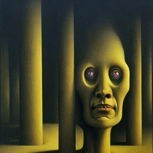 Image similar to soft focus deep shadows dystopian surreal painting of eerie grinning head statues and buildings by zdzisław beksinski