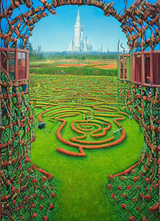 Prompt: the surrealistic view from inside the castle window to the mediumheight green grass maze, edgy labyrinth, four seasons, by jacek yerka, by levitan, oil on canvas, acrylic, digital art, royal academy, masterpiece, trending on artstation, cinematic composition, sharp, details, hyper - detailed, hd