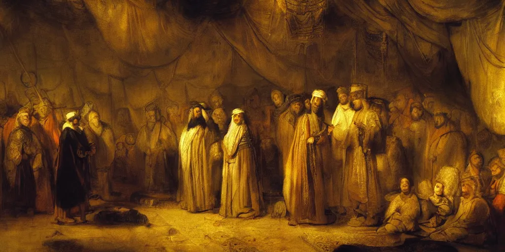 Prompt: Coronation of Arabic king in a Bedouin tent, cinematic, oil painting, by Rembrandt