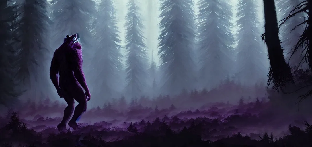 Prompt: highly detailed painting of a sasquatch with dark purple eyes in a dark forest, cinematic lighting, dramatic atmosphere, by dustin nguyen, akihiko yoshida, greg tocchini, greg rutkowski, cliff chiang, 4 k resolution, luminous forest background