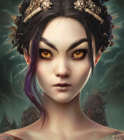 Prompt: an epic fantasy comic book style portrait painting of a very beautiful darkwave girl with a strong japanese aristocratic - style image, character design by mark ryden and pixar and hayao miyazaki, unreal 5, daz, hyperrealistic, octane render, cosplay, rpg portrait, dynamic lighting, intricate detail, summer vibrancy, cinematic