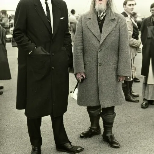 Image similar to a photograph of jfk standing next to gandalf the grey