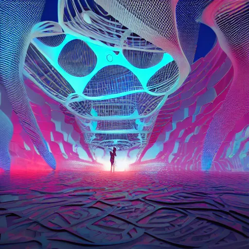 Image similar to ethereal realm, parametric flow, fractals, central shot, geometrical explosion, parametric architecture, artistic, models walking, people, crowd, red, blue, light neon, vray, octane render.