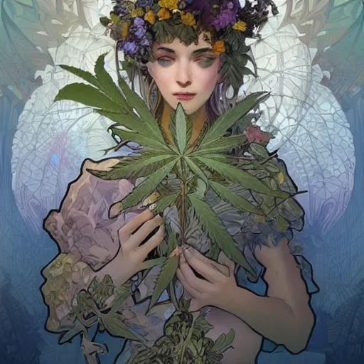 Image similar to a cannabis plant, bio vegetal concept art, by Peter Mohrbacher and Alphonse Mucha, chess, amazonia, detailed, style, 8k, trending on artstation, unreal engine 4k, detailed, clean background trending, full shot, symmetrical portrait, sophisticated, Unreal engine, dystopia, anti-utopia, post processing, psychadelic