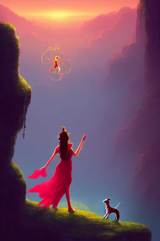 Image similar to the fool tarot card, a maiden dances on the edge of a cliff with a little dog barking beside her, 8 k resolution digital painting, cinematic lighting, deviantart artstation, by alena aenami, by michael whelan, bokeh, behance hd