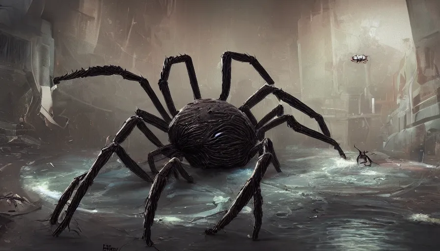 Prompt: Digital painting of a giant spider living in the sewers, hyperdetailed, artstation, cgsociety, 8k