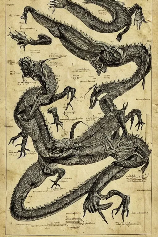 Prompt: ancient!!! anatomy manual!! of dragons!, high quality, romantic era, 1 9 th century