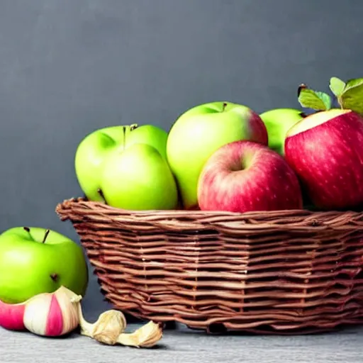 Prompt: photograph of a basket full of apples, toothbrush and garlic