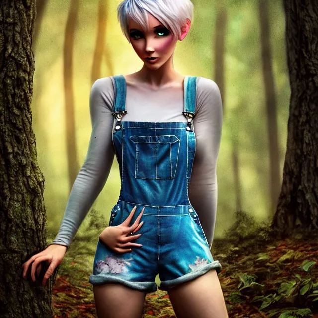 Image similar to full body pose, beautiful adult fairy, pixar, short white hair shaved sides, dirty, grungy, grunge, long sleeve, painted overalls, magic stacks of giant books in a forest, highly detailed, 4 k, hdr, smooth, sharp focus, high resolution, award - winning photo, artgerm, photorealistic