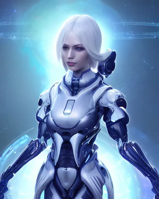 Image similar to perfect android girl on a mothership, warframe armor, beautiful face, scifi, futuristic, galaxy, nebula, raytracing, dreamy, long white hair, blue cyborg eyes, sharp focus, cinematic lighting, highly detailed, artstation, divine, by gauthier leblanc, kazuya takahashi, huifeng huang