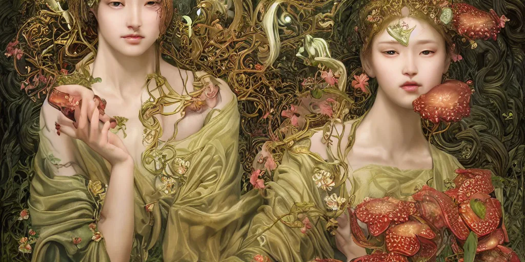 Image similar to breathtaking detailed concept art painting of the goddess of rafflesia arnoldii flowers, orthodox saint, with anxious, piercing eyes, ornate background, amalgamation of leaves and flowers, by Hsiao-Ron Cheng, James jean, Miho Hirano, Hayao Miyazaki, extremely moody lighting, 8K