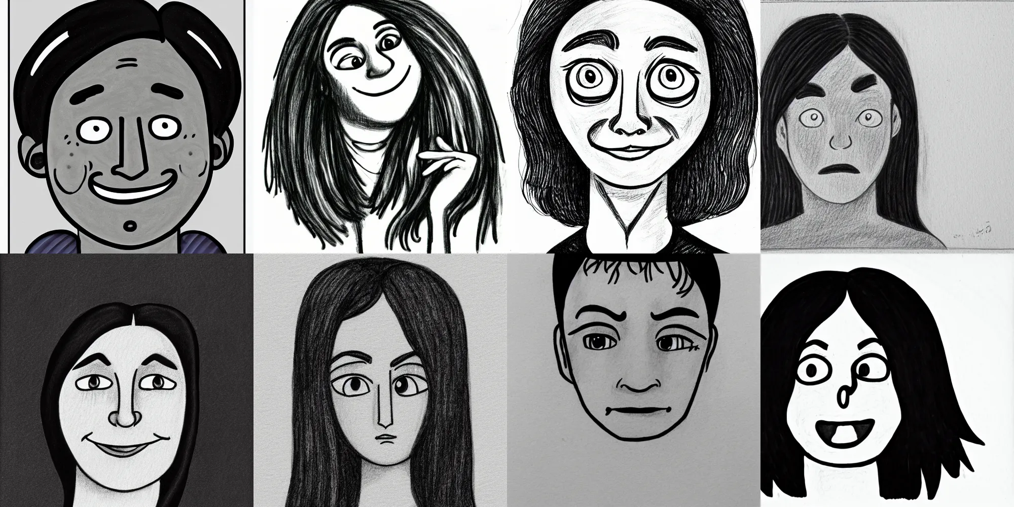 Prompt: pencil illustration of a face showing sadness and happiness in the style of Marjane Satrapi