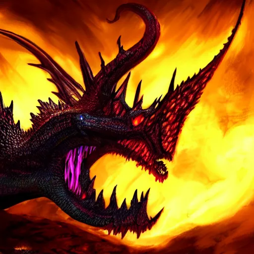 Prompt: The black dragon Alduin breathing a rainbow-colored fire. 4k. Concept art. High detail. Unreal engine. Style of Lovecraft.