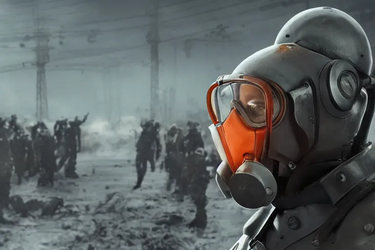 Prompt: vfx movie closeup real life gordon freeman holding wearing futuristic armor, half life logo on chest, crowbar in russian train yard, futuristic white swat team in gas masks approaching by emmanuel lubezki