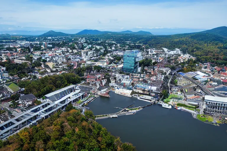 Image similar to bird's eye view photography of a small city. town hall, central farm, monorail station, beach and shipping dock. hills, woods and lake to the north.