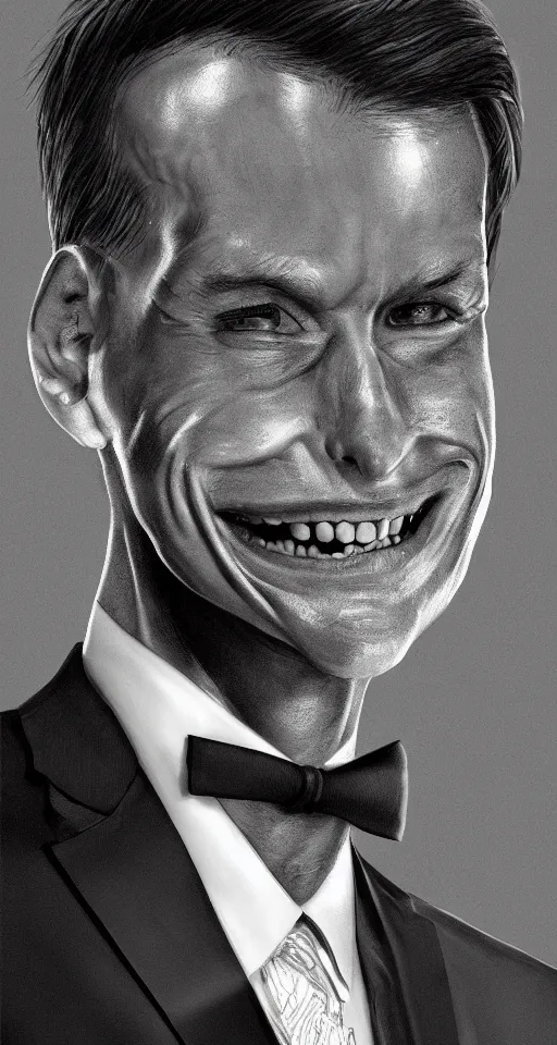 Image similar to a hyper realistic portrait of a handsome smiling male alien in a suit for advertisement, artstation