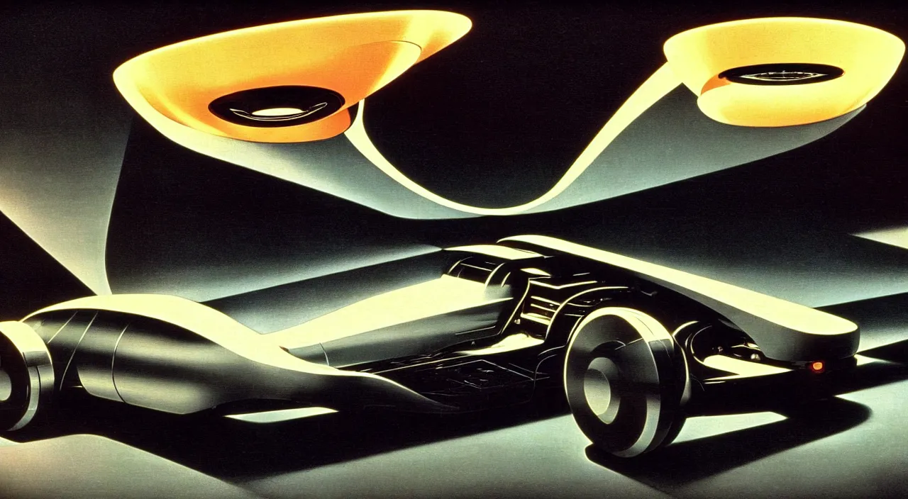 Image similar to high quality photo of a futuristic art deco car from a 60s sci-fi movie cinematic lighting caravaggio