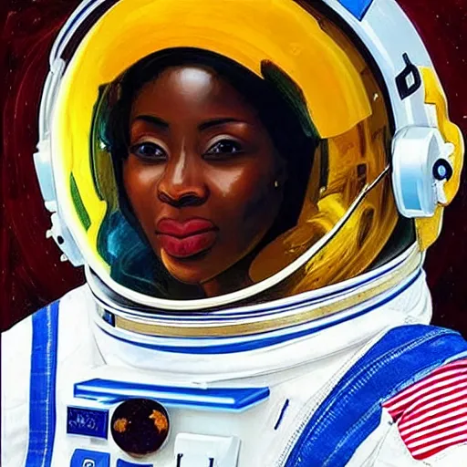 Prompt: “nigerian female astronaut on board international space station wearing space suit and translucent helmet, highly detailed, realistic, portrait, photorealistic, proportional, beauty, fish eye lens, nasa, spacex, in the style of Edward hooper oil painting sun rising”