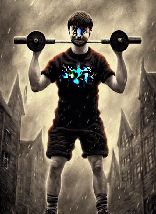 Image similar to a highly detailed portrait of Daniel Radcliffe as Harry Potter doing barbell back squats, wearing a muscle tee shirt, intricate detail, digital painting, old english, raining, sepia, particles floating, whimsical background by marc simonetti, artwork by ross tran + ramond swanland + liam wong
