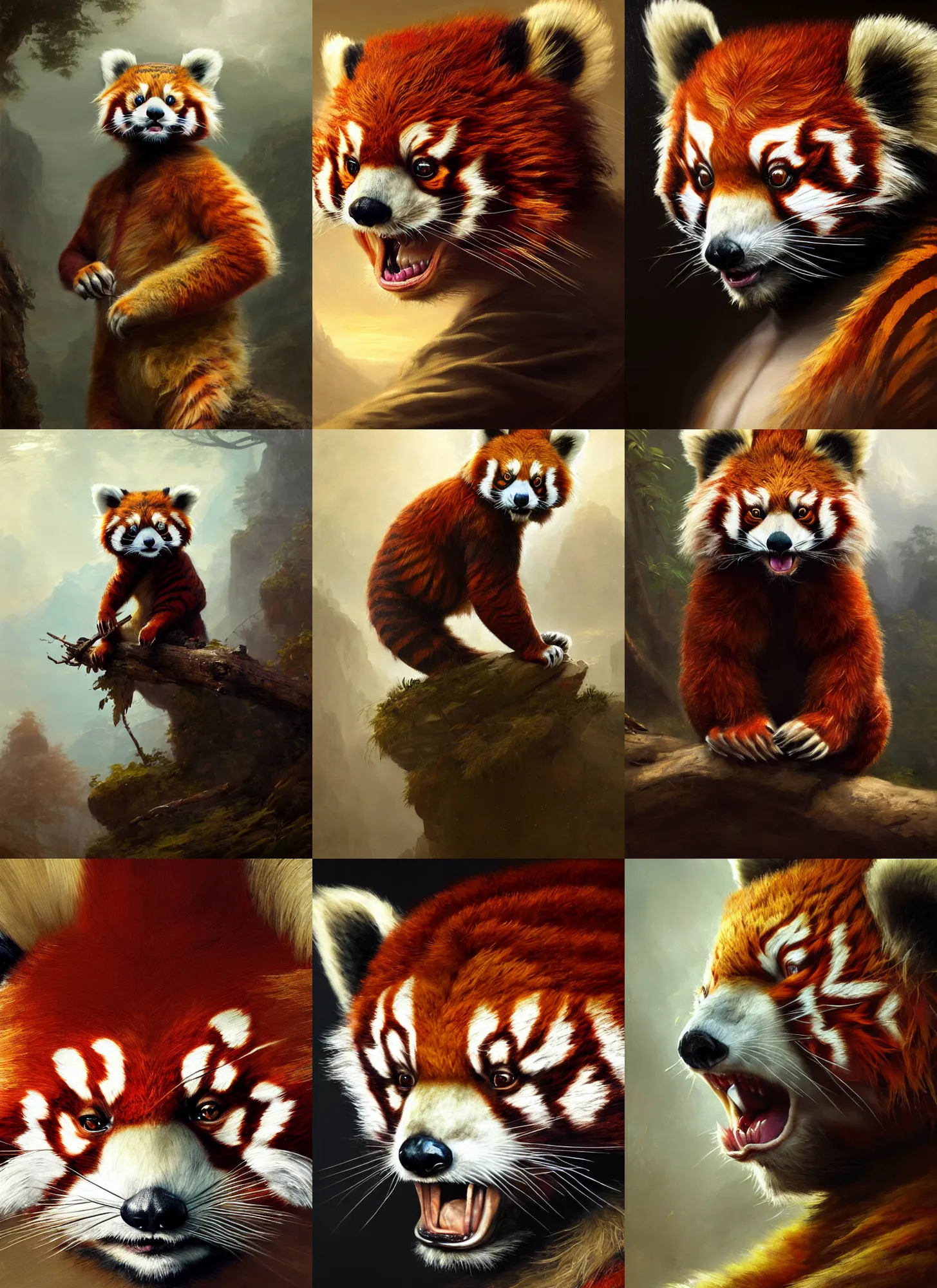 Prompt: highly detailed painting of an anthropomorphic anthropomorphic half red panda half man tiger creature by william turner, by greg rutkowski, by william constable, photorealism, 4 k resolution