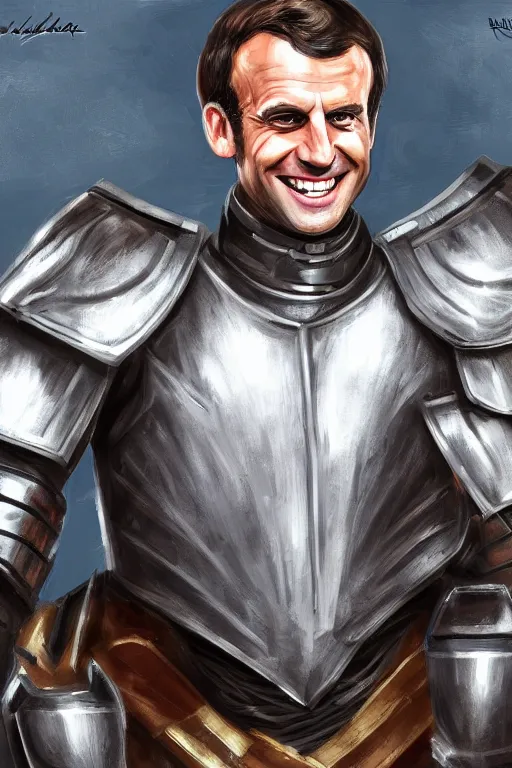 Image similar to emmanuel macron smiling while wearing armour, highly detailed, digital art, sharp focus, trending on art station