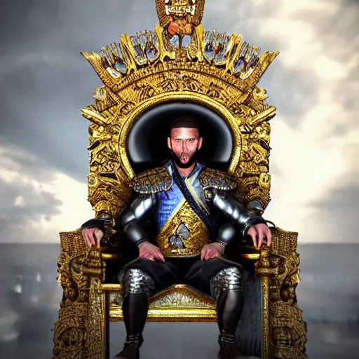 Image similar to sergio ramos as a king on throne, 4 k post processing, unreal engine, aesthetic!!!!!!!, intricate, ultra detailed, artstation style